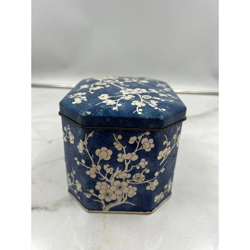 Vintage Daher Tin Container Blue Crackle White Floral Cherry Blossom England
